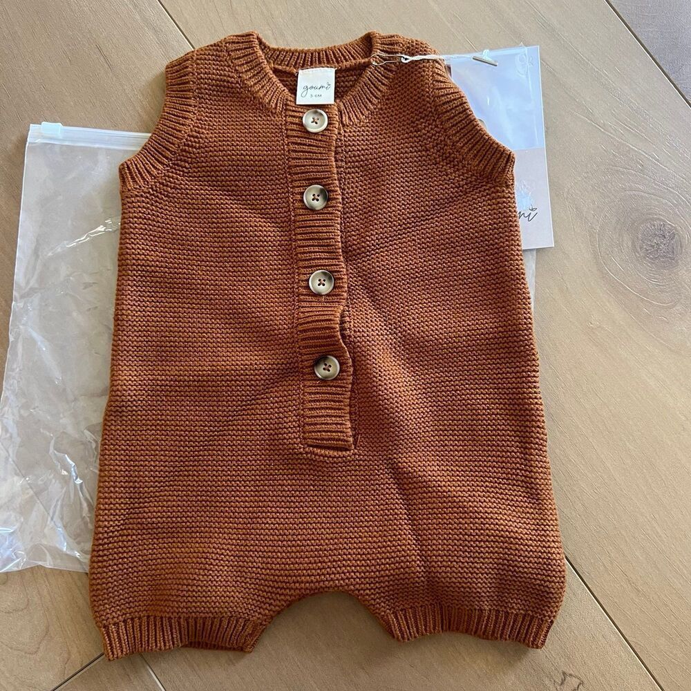 NWT Goumi Kids Sienna Knit Baby Romper SZ 3-6mo Orange Organic Cotton Shortie